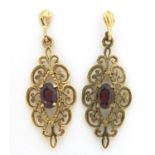Pair of 9ct gold garnet drop earrings, 3cm high, 2.2g :For Further Condition Reports Please Visit