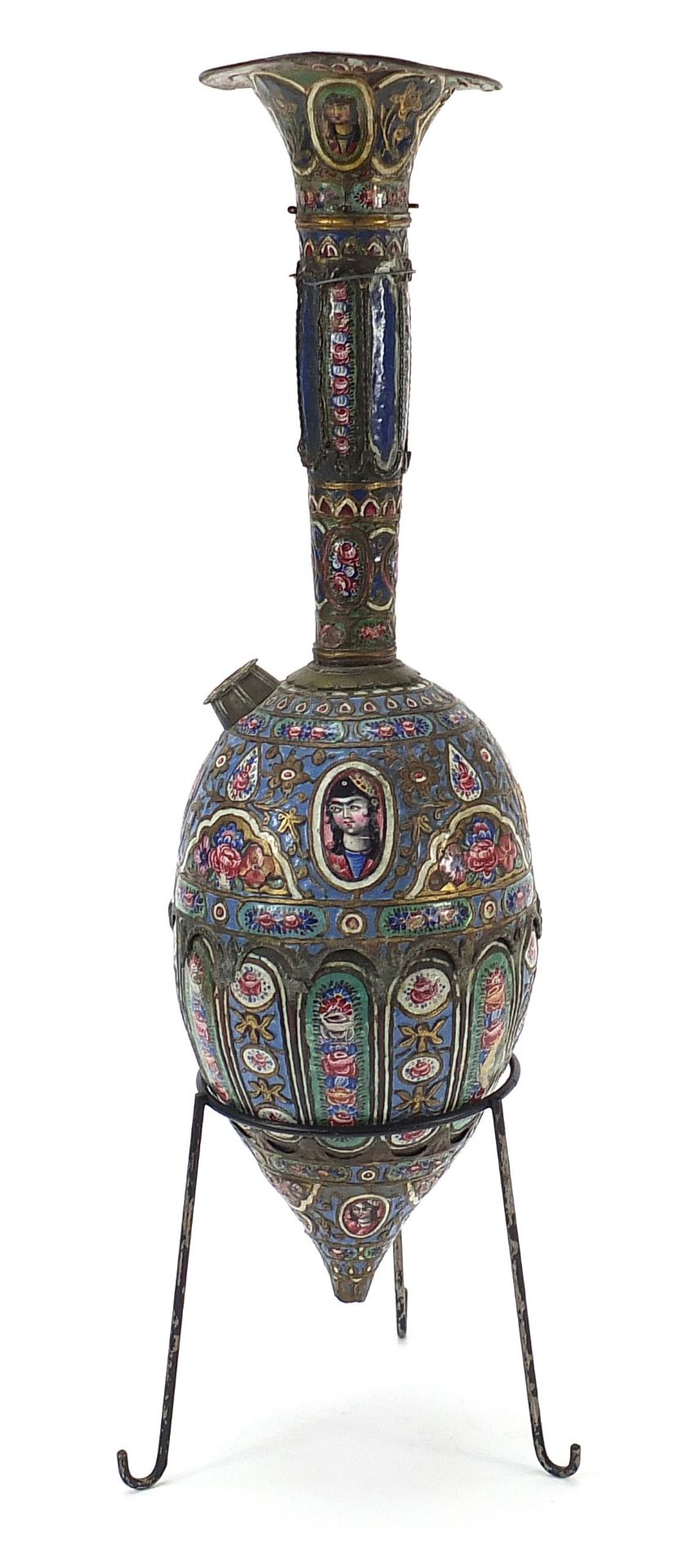 19th century Persian Qajar enamelled hookah on stand with mouthpiece and pear shaped reservoir, - Image 2 of 11