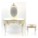 French style cream and gilt kidney shaped dressing table with stool and oval mirror, 151.5cm H x