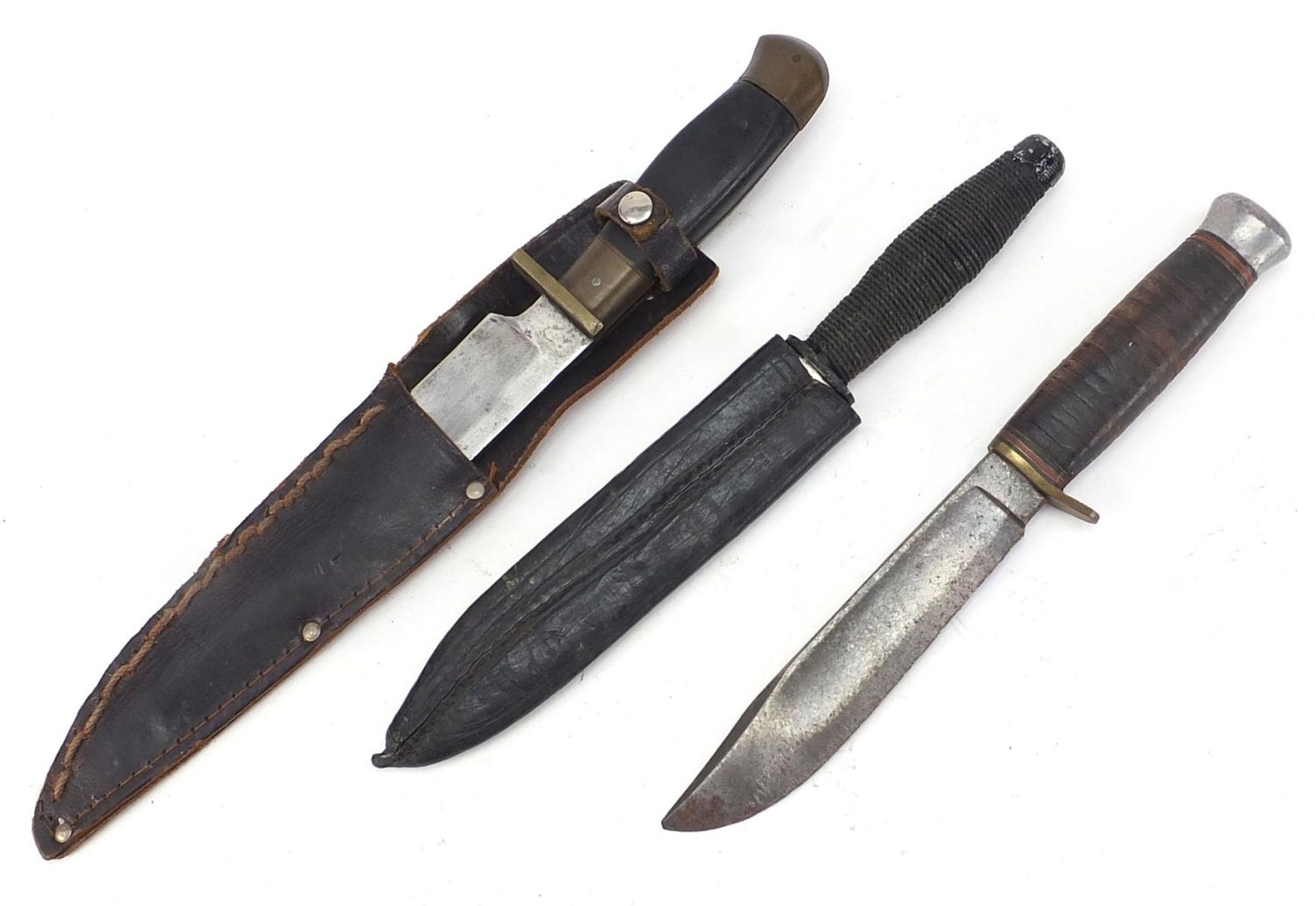 Three military interest hunting/combat knives including two with leather sheaths, the largest 27cm - Image 7 of 7