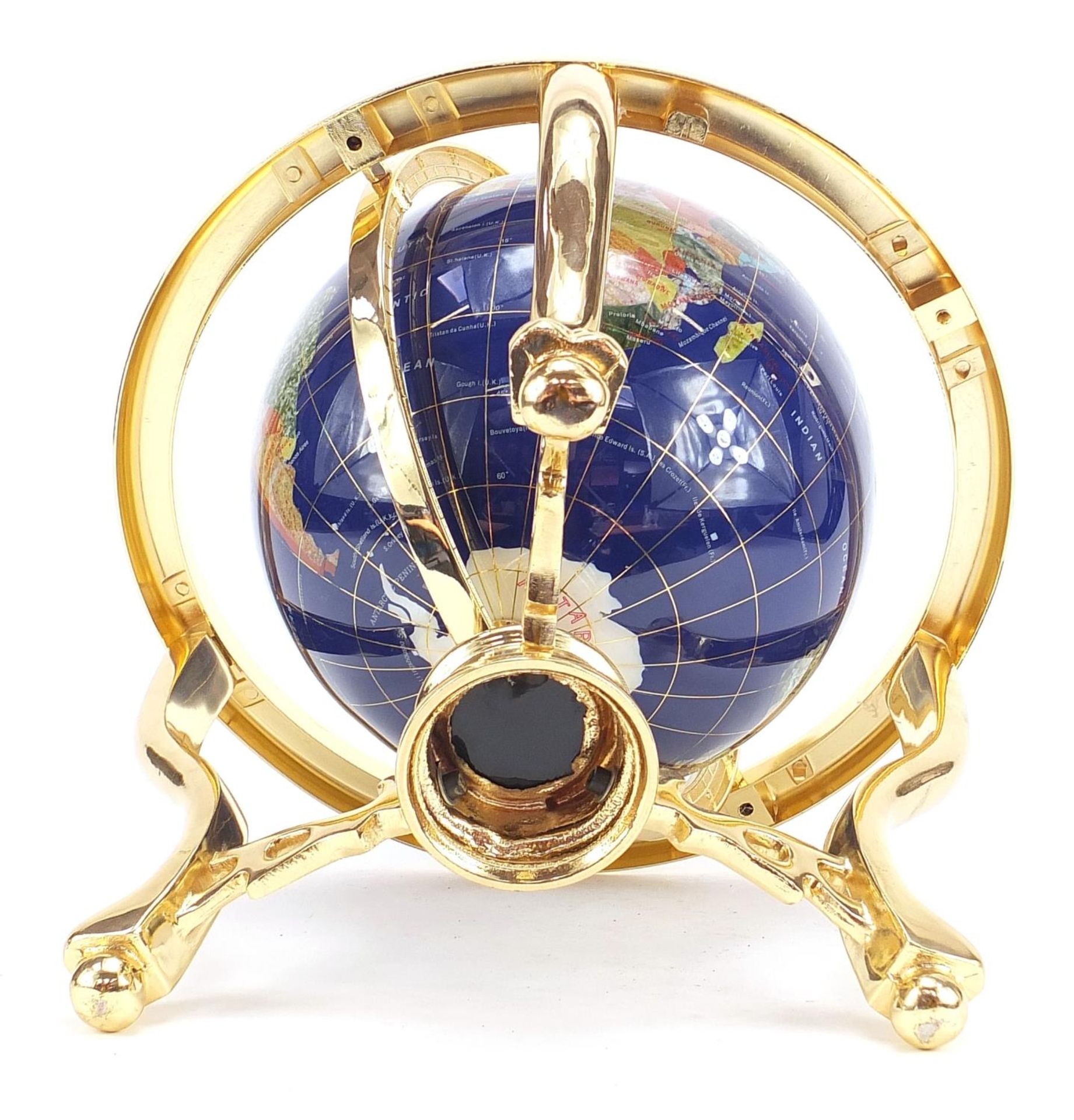Brass and specimen stone table globe with compass under tier, 35cm high :For Further Condition - Image 7 of 7