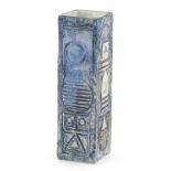 Troika St Ives Pottery square section vase hand painted and incised with an abstract design, 22.