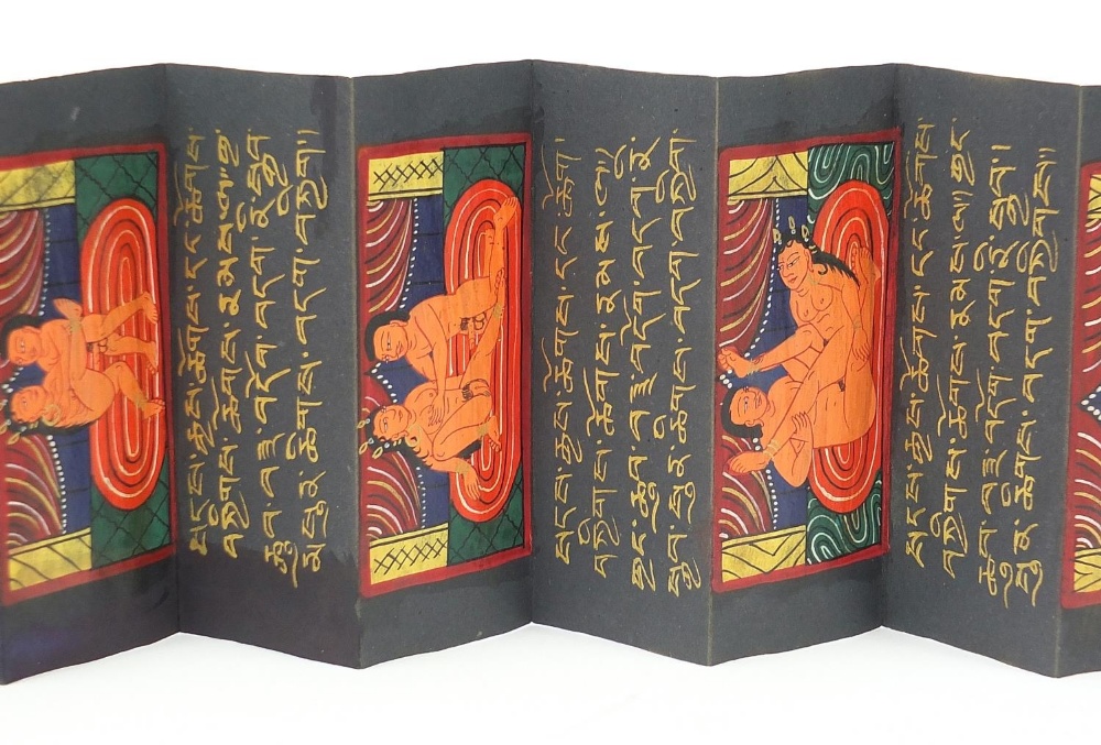 Indian fold out book hand painted with erotic scenes and calligraphy, 19.5cm x 7.5cm when closed : - Image 3 of 12
