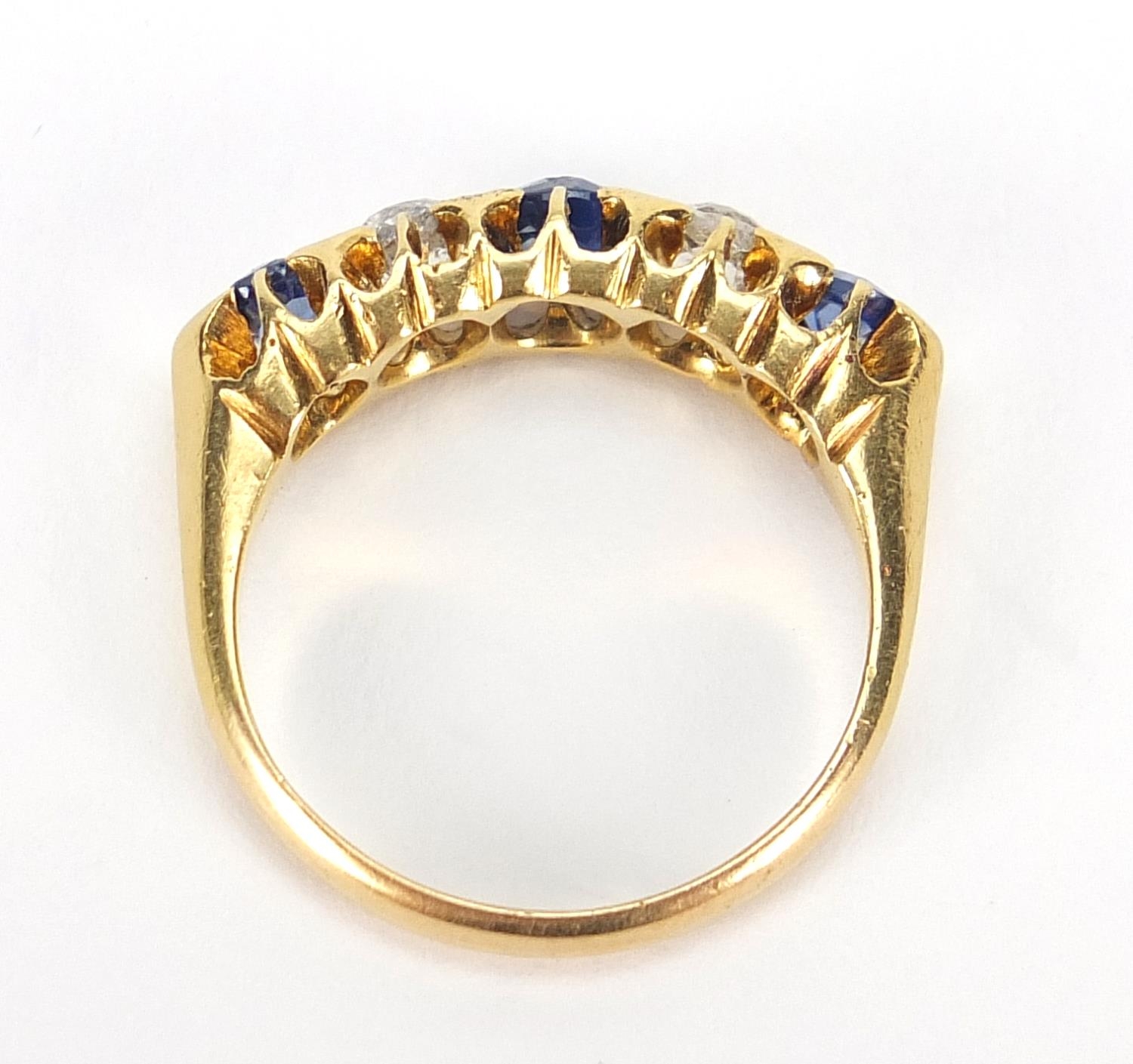 Victorian 18ct gold sapphire and diamond five stone ring, the central sapphire approximately 4.8mm x - Image 6 of 6