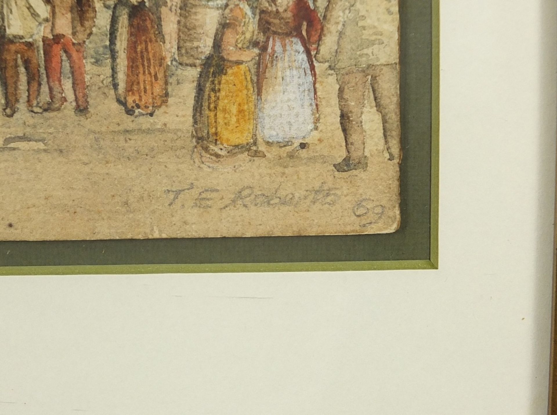 Thomas Edward Roberts '69 - Figures before a church, 19th century watercolour, mounted, framed and - Image 3 of 4