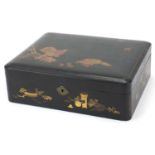 Japanese black lacquered box hand painted and gilded with birds and flowers, painted character marks