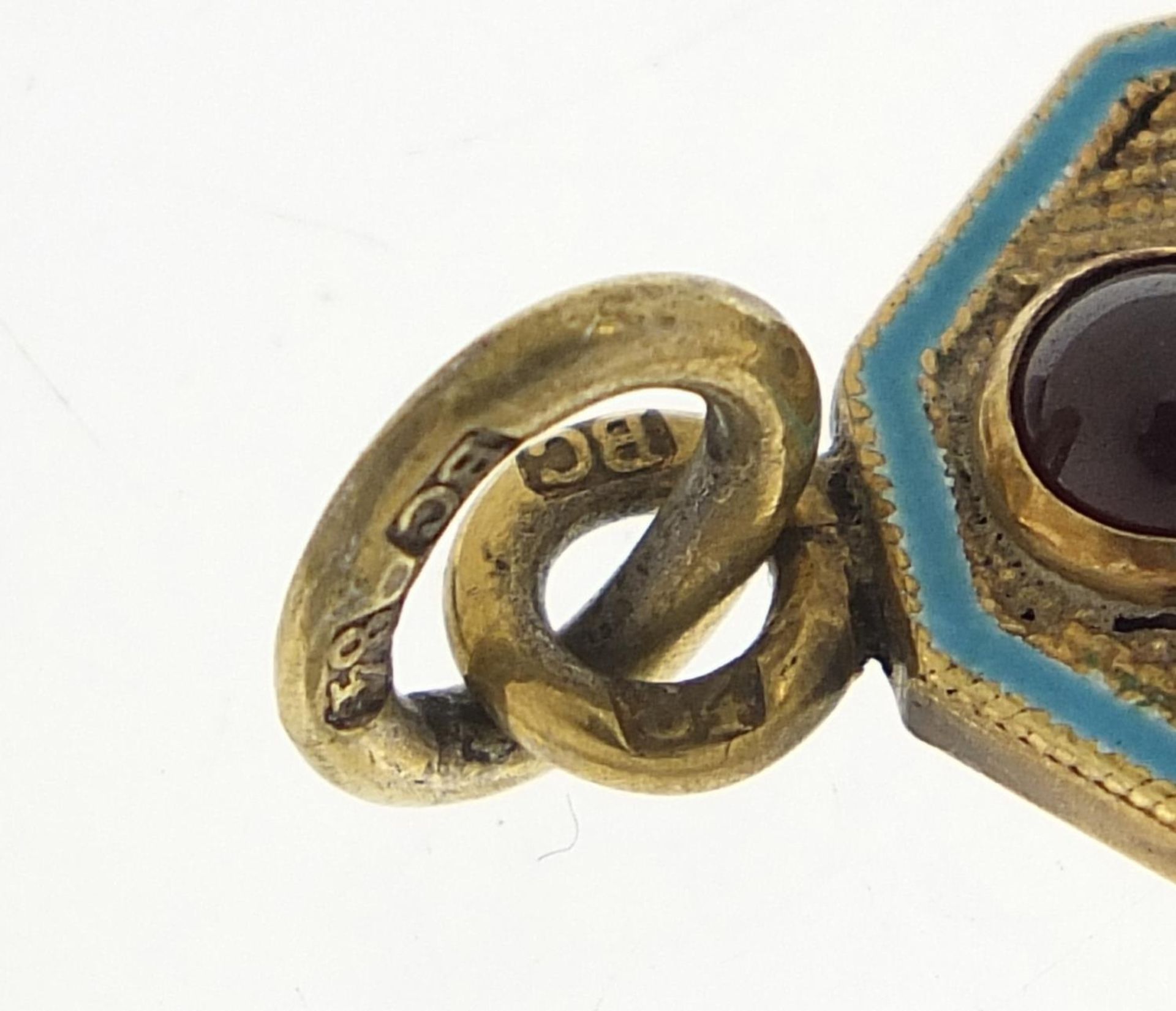 Silver gilt and enamel pendant set with a cabochon garnet, impressed Russian marks, 4cm high, 10. - Image 3 of 3
