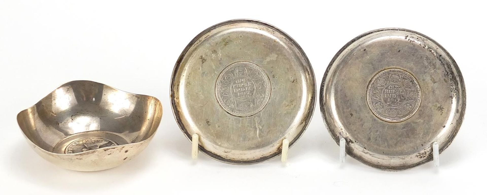 Three Indian silver one rupee coin set dishes comprising 1901, 1917 and 1917, the largest 8.5cm in - Image 4 of 5