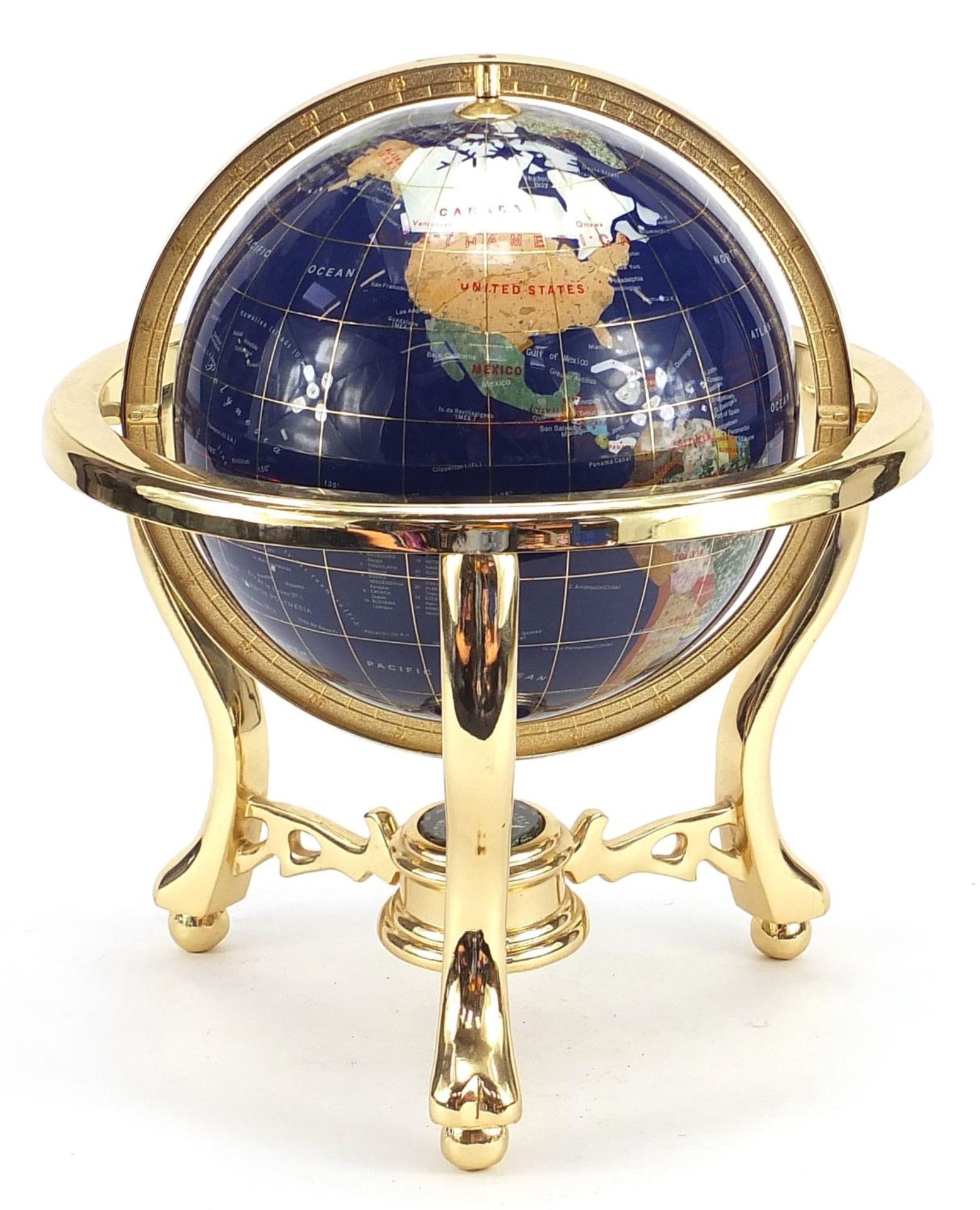 Brass and specimen stone table globe with compass under tier, 35cm high :For Further Condition - Image 5 of 7