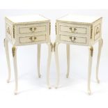 Pair of French style cream and gilt two drawer night stands, each 69.5cm H x 37cm W x 34cm D :For