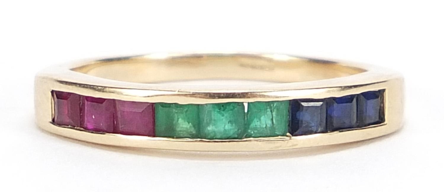 9ct gold sapphire, emerald and ruby half eternity ring, size N, 2.4g :For Further Condition