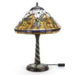 Bronzed Tiffany design leaded glass table lamp and shade decorated with dragonflies, 58cm high :