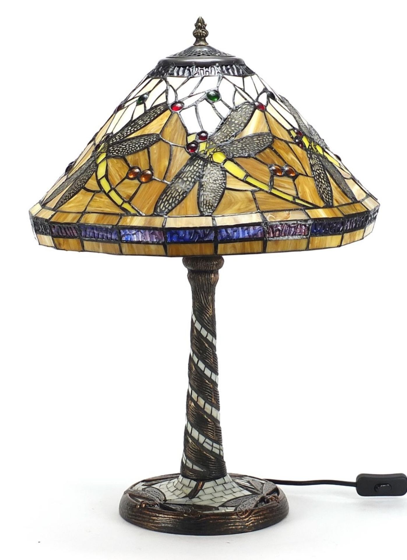 Bronzed Tiffany design leaded glass table lamp and shade decorated with dragonflies, 58cm high :