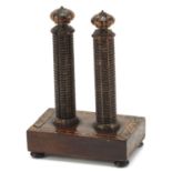 Victorian rosewood Tunbridge Ware thermometer stand with square pillars, 13cm high :For Further