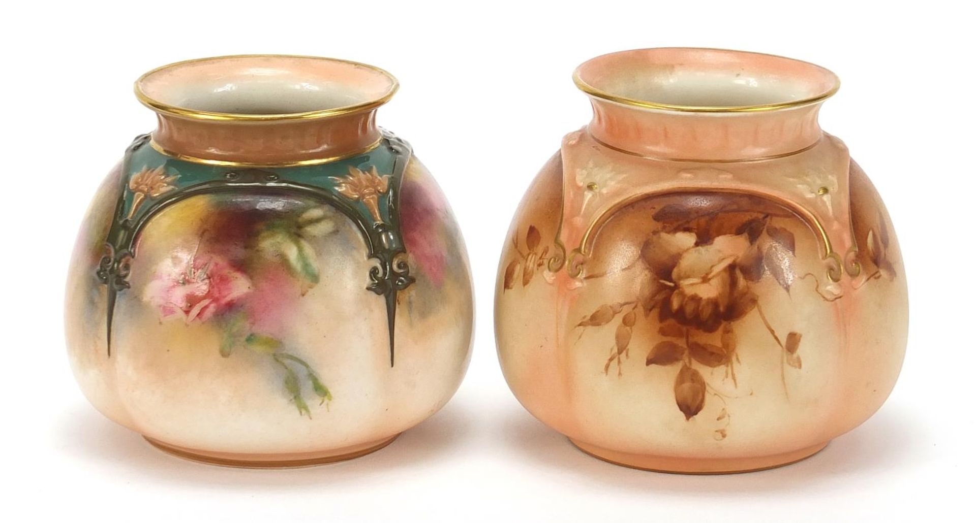 Two Hadley's Worcester blush ivory vases hand painted with flowers, each 8cm high :For Further