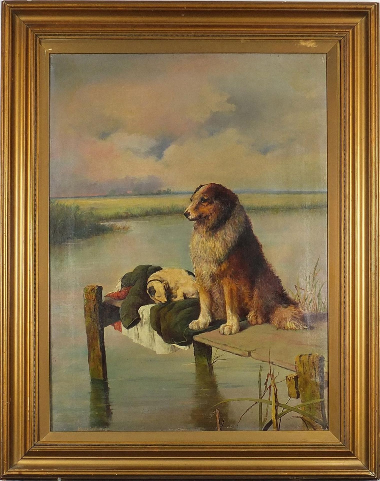 Two dogs on a jetty, late 19th/early 20th century oil on canvas, mounted and framed, 68cm x 50.5cm - Image 2 of 3