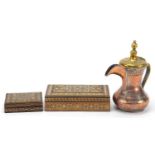 Omani copper and brass coffee pot and two Syrian inlaid boxes, the largest 21cm wide :For Further