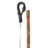 Bamboo sword stick with horn handle carved in the form of a swan's head, 86.5cm in length :For