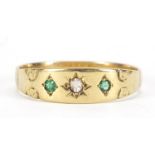 Unmarked 18ct gold diamond and emerald three stone gypsy ring, size P, 2.3g :For Further Condition