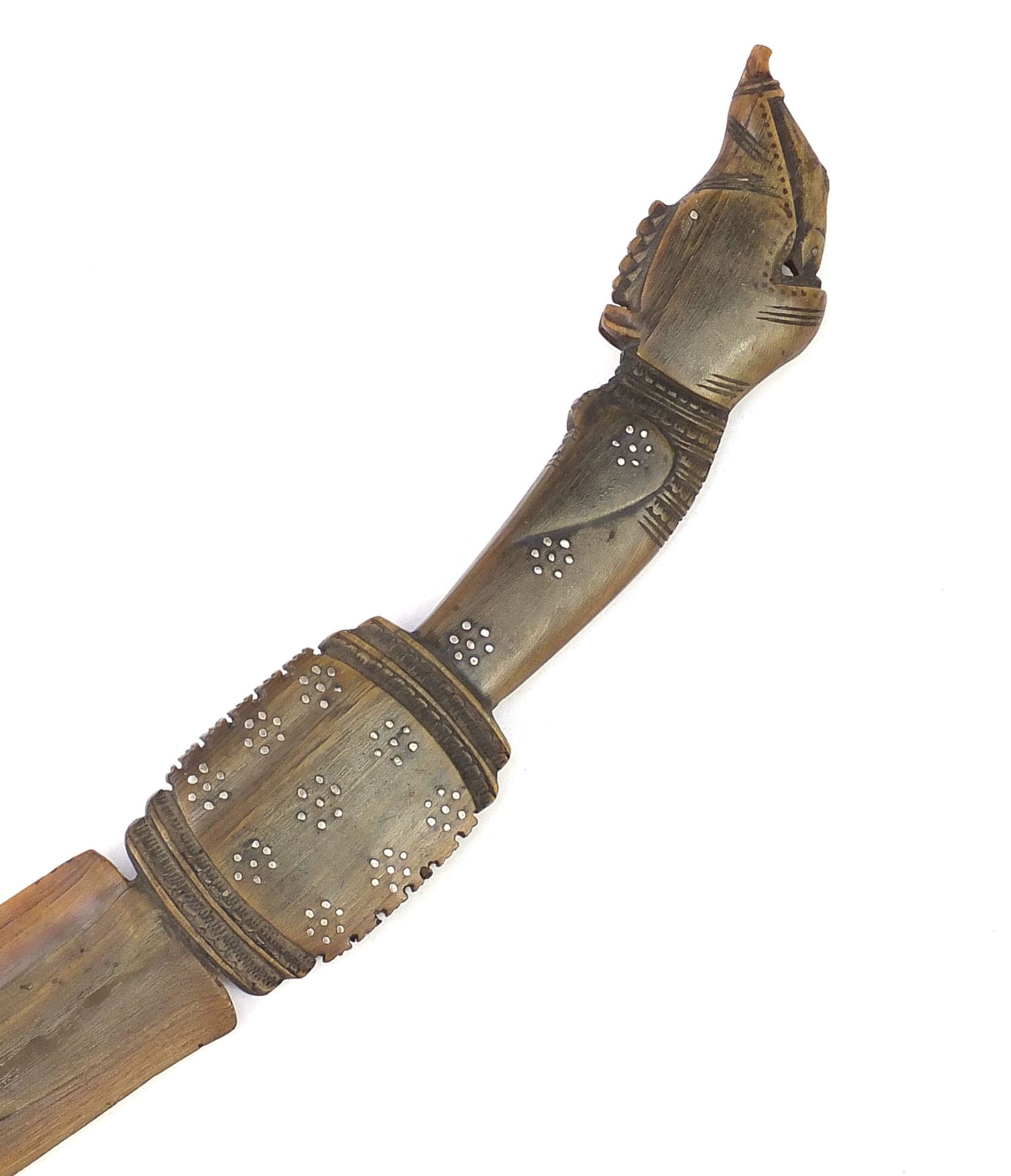 Carved horn letter opener with dragon head handle and metal inlay, possibly rhinoceros, 38.5cm in - Image 2 of 6