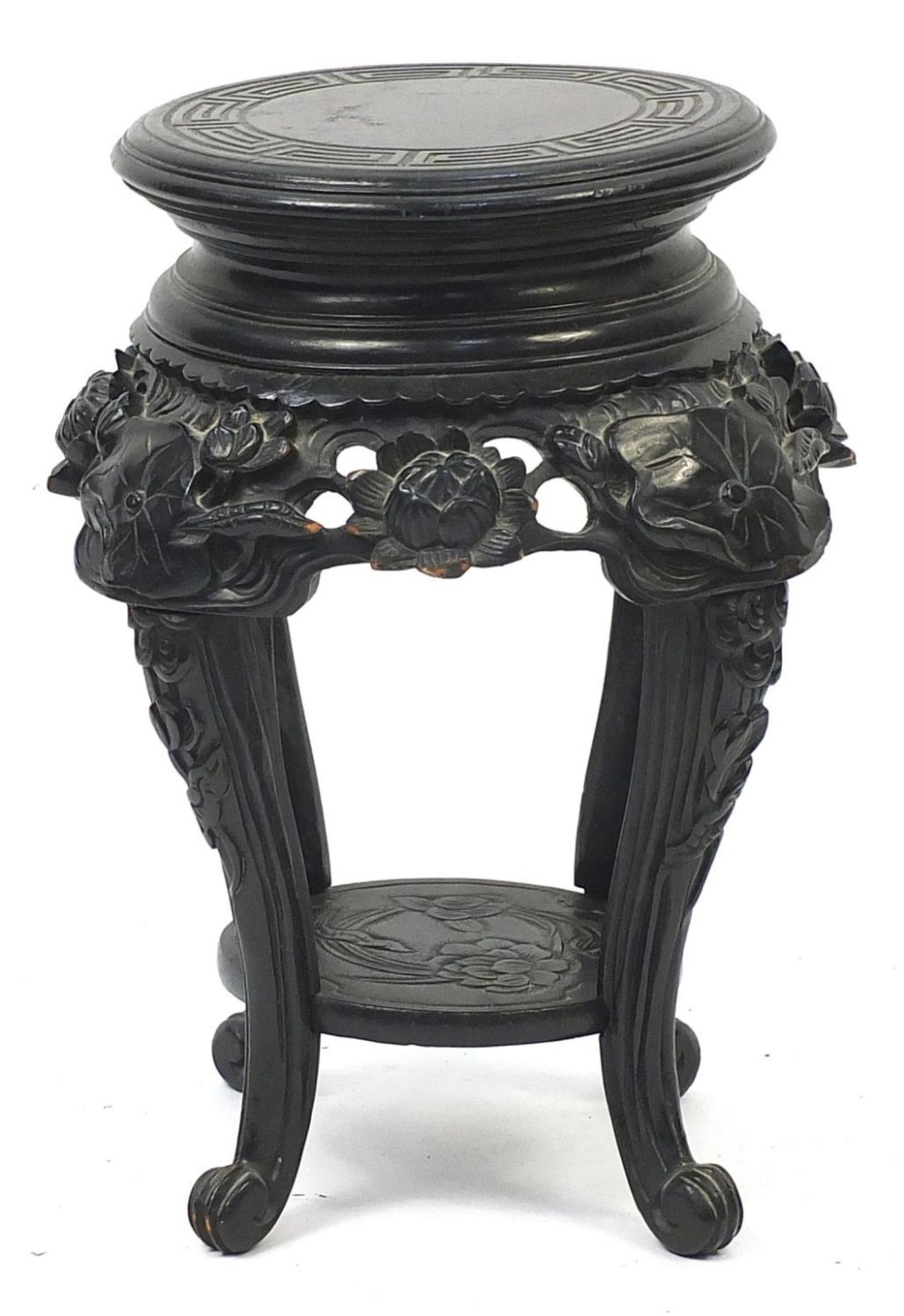 Chinese hardwood stand with under tier carved with flowers, 50cm high x 30cm in diameter :For - Image 3 of 3