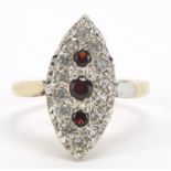 9ct gold garnet and cubic zirconia marquise shape ring, size O, 3.8g :For Further Condition