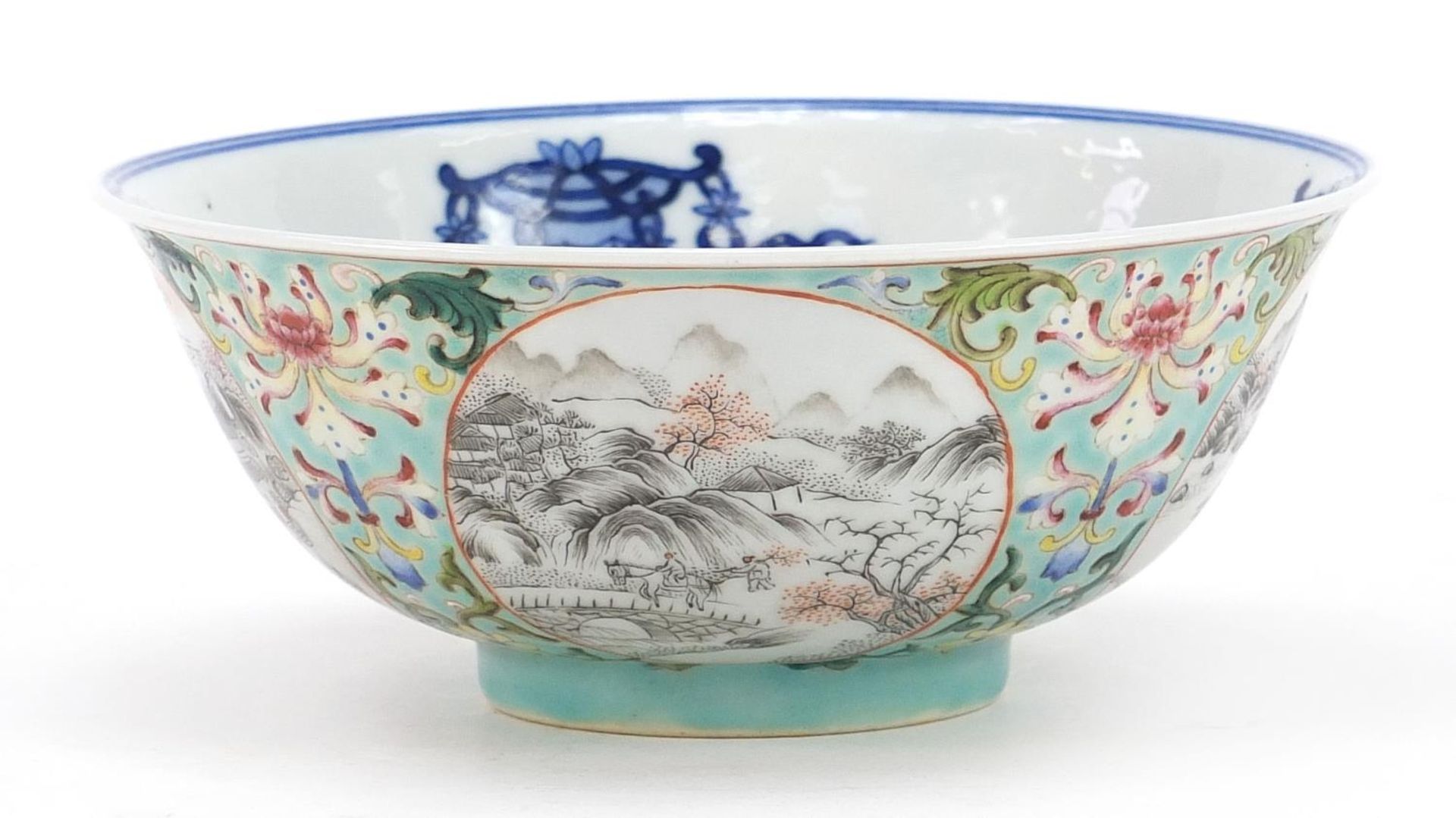 Chinese blue and white porcelain bowl with en grisaille landscape panels, hand painted in the - Image 2 of 8