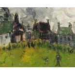 Figure before buildings, Welsh school oil on board, mounted and framed, 49.5cm x 39.5cm excluding