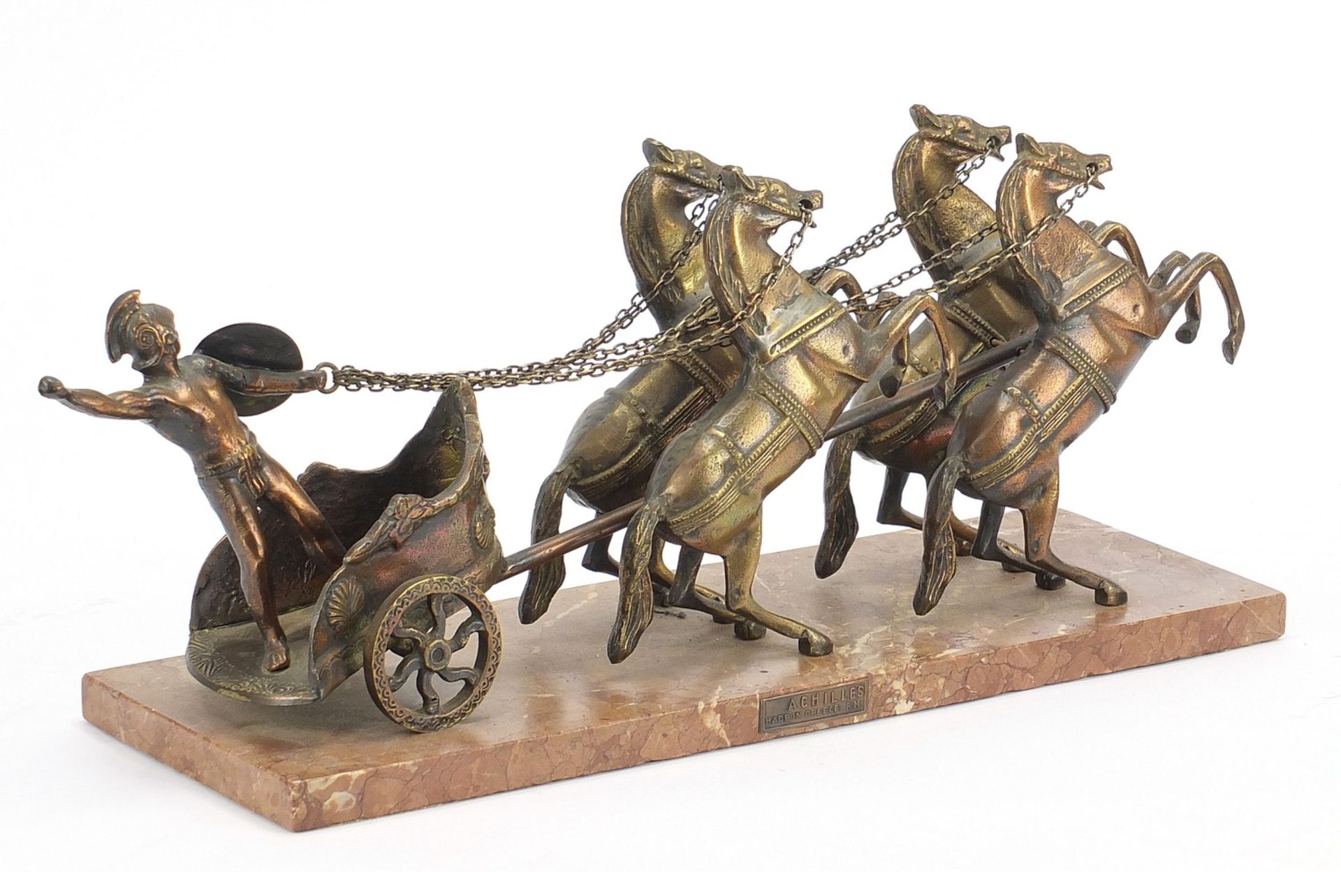 Brass sculpture of a Roman horse drawn chariot raised on a rectangular marble base, 50cm in - Image 2 of 4