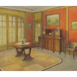 Luc Q Le Keux - Art Deco interior in the manner of Emile Jaques Ruhimann, signed watercolour,