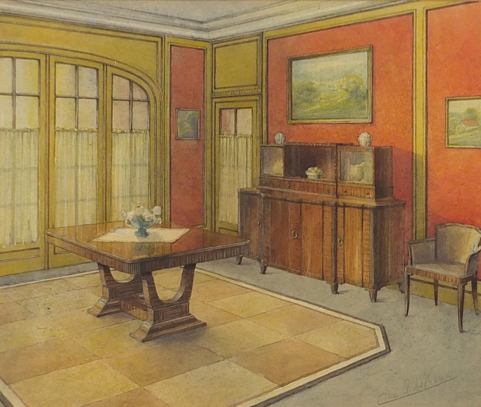 Luc Q Le Keux - Art Deco interior in the manner of Emile Jaques Ruhimann, signed watercolour,