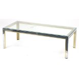 Contemporary polished metal and glass coffee table, 41.5cm H x 130cm W x 60cm D :For Further
