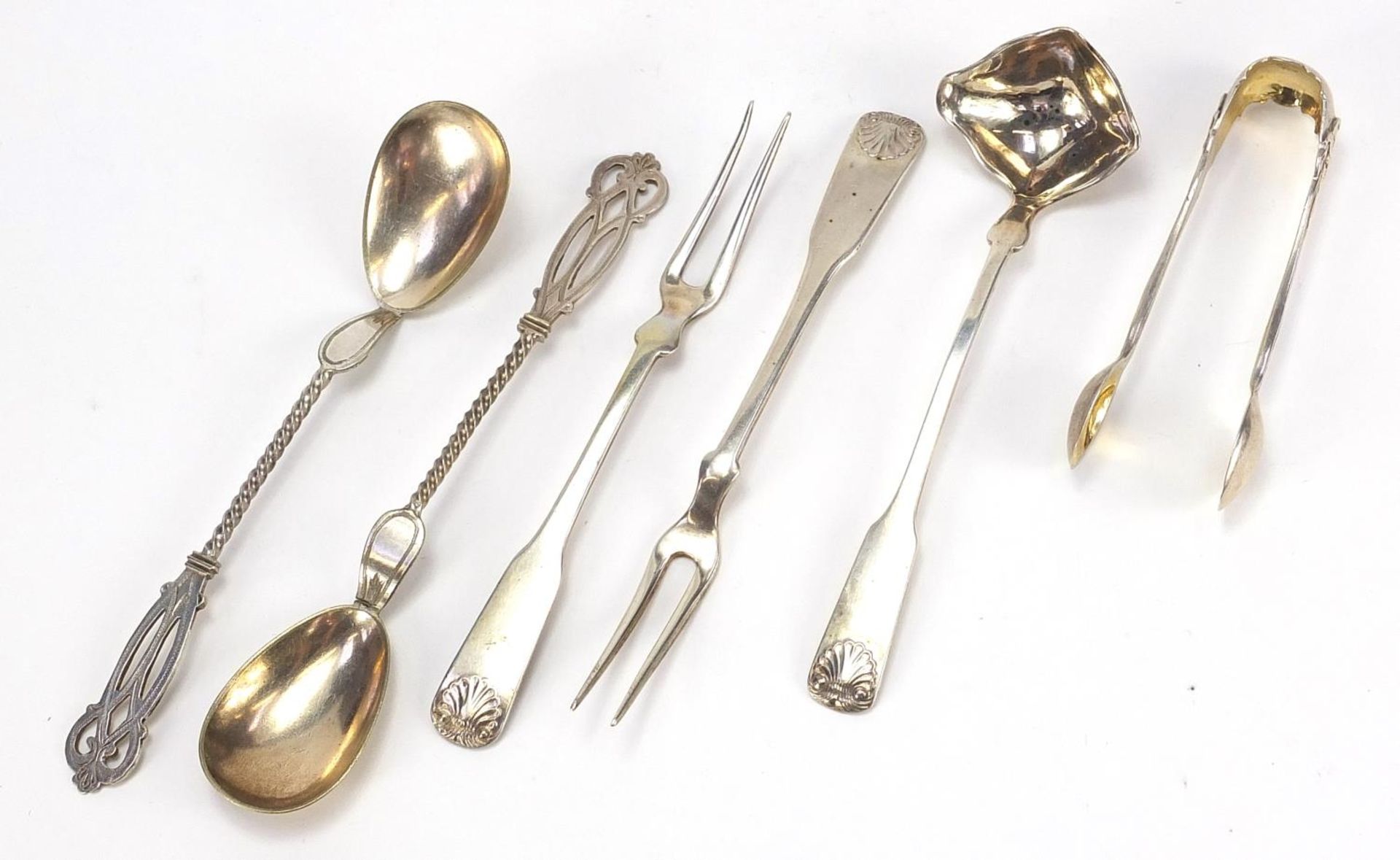 Danish silver and white metal cutlery including a toddy ladle, pair of forks and pair of sugar