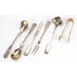 Danish silver and white metal cutlery including a toddy ladle, pair of forks and pair of sugar