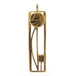 Gold coloured metal Rennie Mackintosh design pendant, indistinct hallmarks, 4.5cm high, 3.4g :For