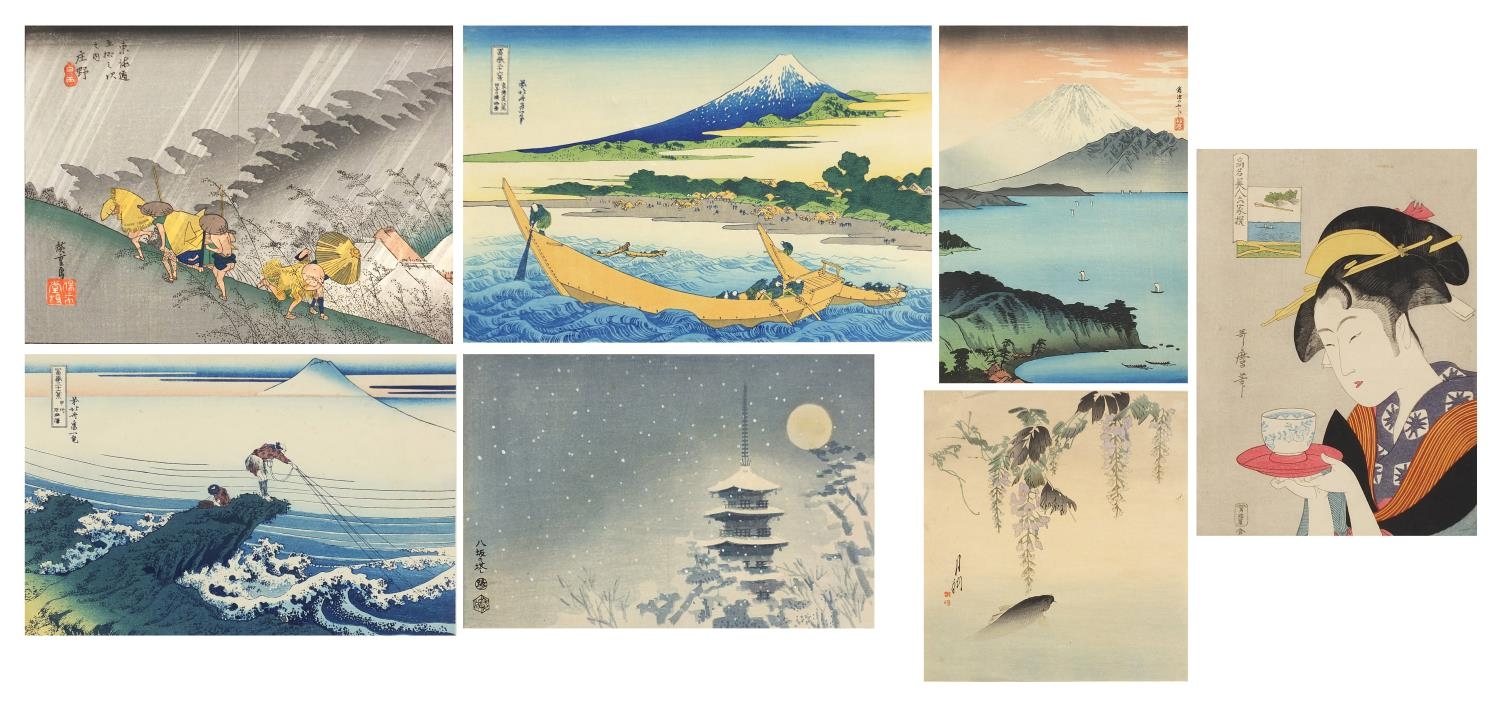 Seven Japanese prints including birds and figures on a cliff top before crashing waves, unframed,