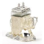 Novelty silver plated and glass table cruet in the form of an elephant consort, 11.5cm high :For