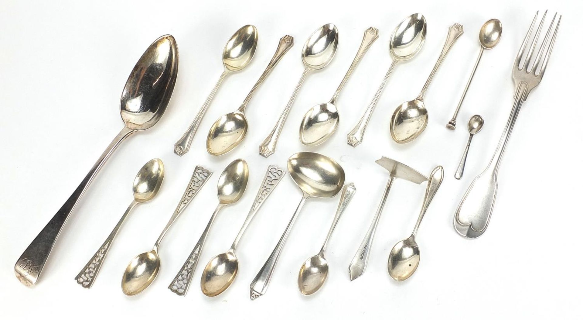 Georgian and later silver flatware including 1810 tablespoon, set of six teaspoons by Wilmot