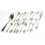 Georgian and later silver flatware including 1810 tablespoon, set of six teaspoons by Wilmot