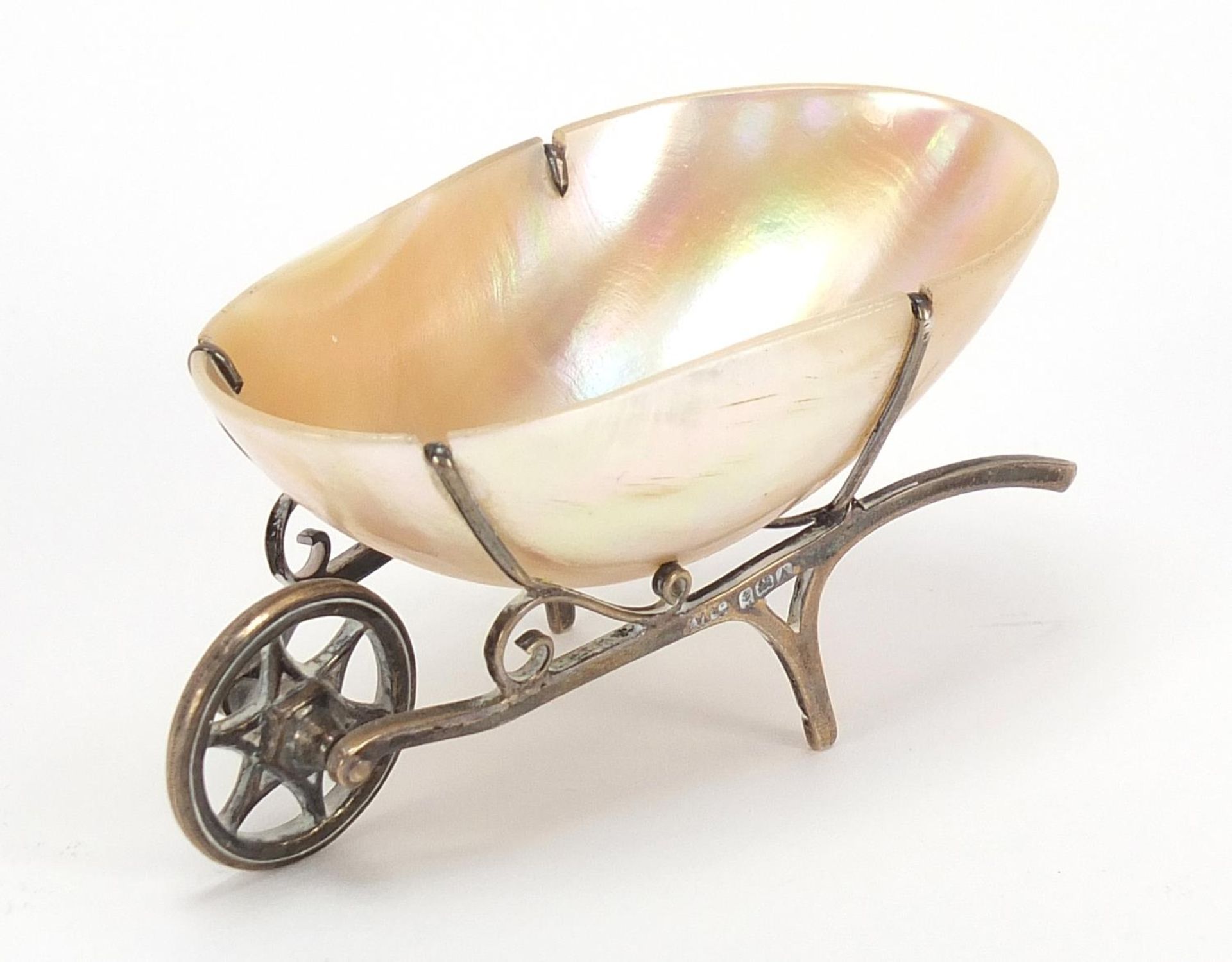 Adie & Lovekin Ltd, George V silver and mother of pearl table salt in the form of a wheelbarrow,