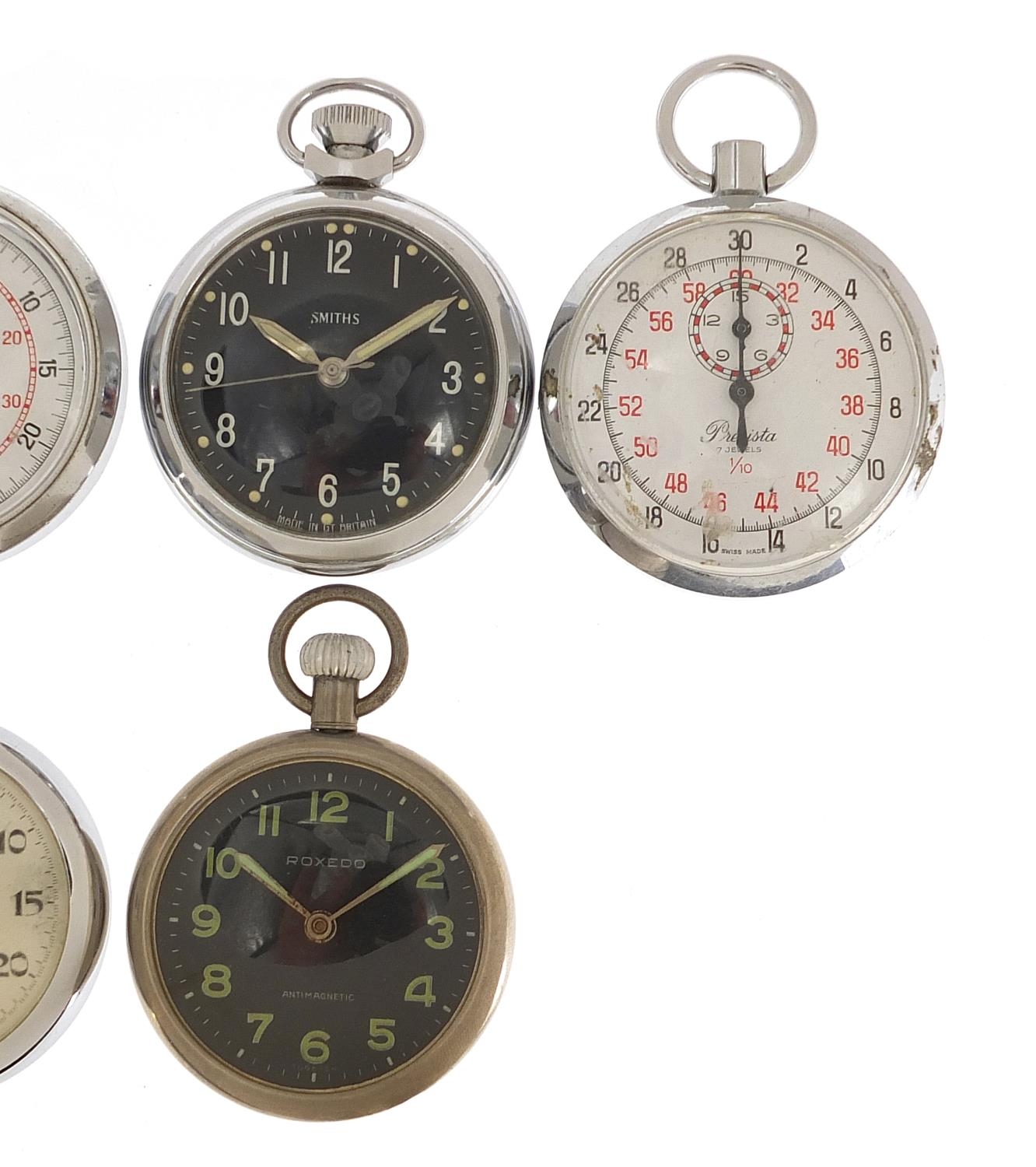 Six vintage and later open face stopwatches and pocket watches including Smith's and Roxedo :For - Image 3 of 4