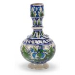 Persian Iznik pottery vase hand painted with two huntsmen and wild animals, 17cm high :For Further