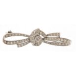 Good unmarked white gold diamond bow brooch, 5cm wide, 5.7g :For Further Condition Reports Please