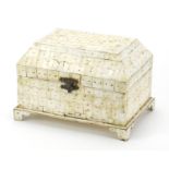 Indian Goa mother of pearl casket on bracket feet formed of pinned sections, 13.5cm H x 20.5cm W x