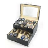 Fifteen gentlemen's wristwatches housed in a display case including Casio, Skmei, Weide and Biden :
