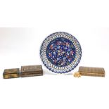 Turkish Kutahya type porcelain plate and three Middle Eastern boxes including lacquered and
