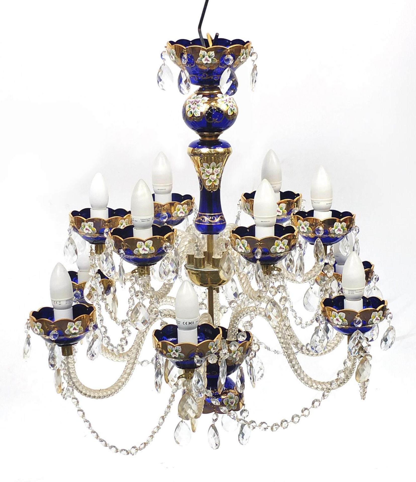 Bohemian Blue glass chandelier with drops, 70cm high x 70cm in diameter :For Further Condition