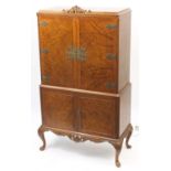 Burr walnut cocktail cabinet with mirrored back and glass shelves, 157cm H x 89cm W x 41.5cm D :