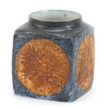 Troika St Ives Pottery marmalade pot hand painted with discs onto a blue ground, 9cm high :For