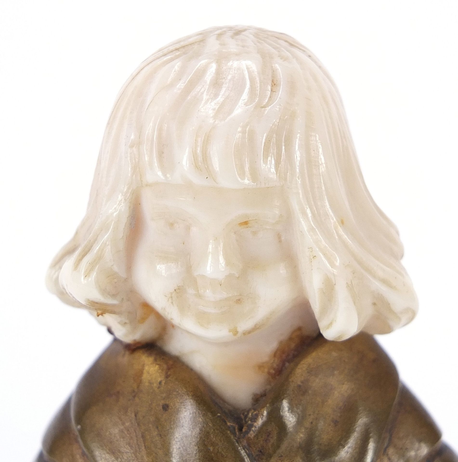 Art Deco gilt bronze and ivory figurine of a young girl holding a spoon and bucket, raised on a - Image 2 of 6